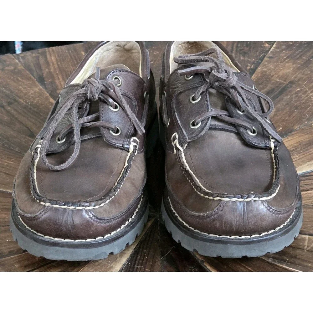 L.L.Bean Men's Leather Lace-Up Boat Shoes Brown Rubber Sole Round Toe 9 M